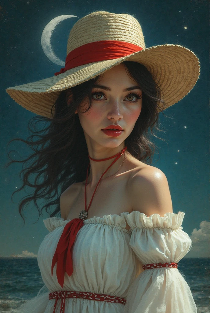 Image: Woman in white clothes and red ribbon, Panama hat , navalha, lua, noite, 