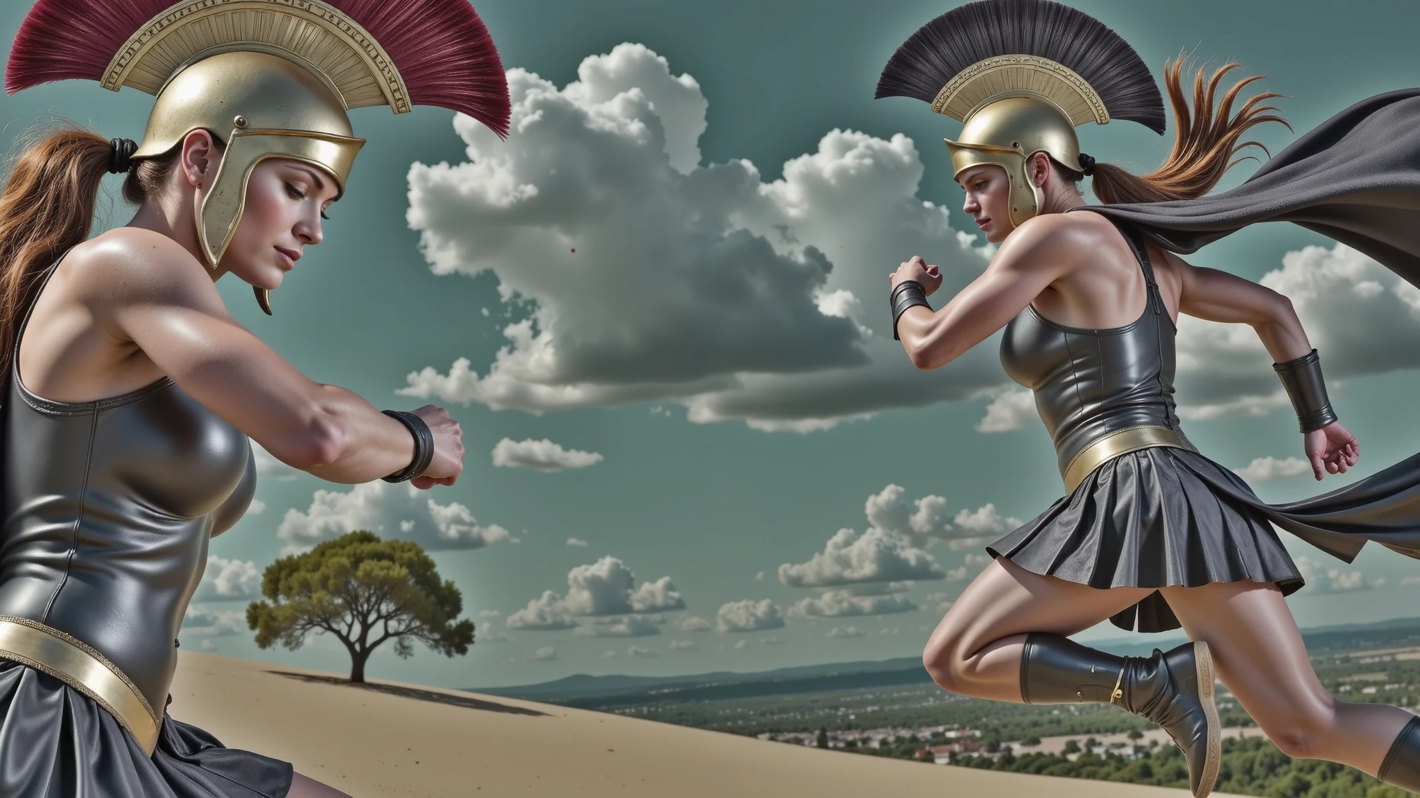 Greek Amazons. They wear black leather Greek armor with bronze cups covering their chests, displaying intricate detailing. Their bronze helmets are adorned with black crests, adding a sense of majesty and ferocity. Flowing black capes trail behind them, highlighting the dramatic movement of their fall. The scene captures the intense action and strength of the Amazons in a highly dynamic and impactful moment. Perfect, realistic hands. Clenched fist, feminine hand.