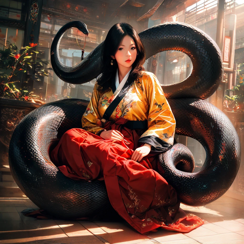 black scales(best quality,4k,8k,highres,masterpiece:1.2),ultra-detailed, Korean Goddess Eopsin, Woman of Korean decent, wearing red Hanbok, yellow top, body of a woman, snake's tail in place of legs, no legs, black lamia scales, looking at viewer, drawn in the style of Yoshitaka Amano, HDR, 8k, absurdres, cinestill 800, sharp focus, add_detail:2, ((intricate detail)),(((realism))), HDR, 8k, absurdres, cinestill 800, sharp focus, add_detail:2, (solo, woman) Photo Realistic, real woman, (solo, woman) ((Masterpiece, best quality)) (Photo Realistic)
