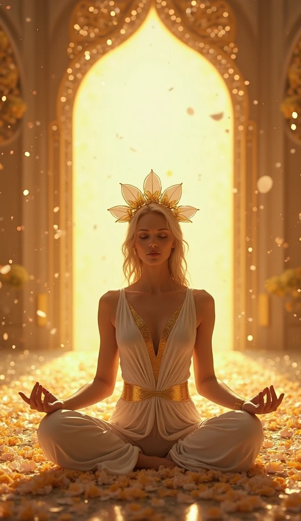  An award-winning masterpiece  (photorealistic), fotografia, cinematic lighting , 
                            ultra-real, hypermaximal, unreal engine, AFIADO, detalhado, mega realism, 4k, ou 8K, realista, series, (Best Quality, 128k,highres,obra-prima:1.2),ultra-detailed,(realista,photorealist,photo-realistic:1.37), ((obra-prima)) ((fotografia)) ((highest quality))
create an image of a beautiful lady lady in a surreal landscape like an enchanted mystical garden, she is sitting in front of the camera, with her eyes closed in a meditation position, she wears a white and gold jumpsuit with a golden lotus flower crown on her head, her hair is blond and has a contour light due to the light ,  behind her there is a blossoming golden arch, very illuminated by the reflection of an intense golden light that comes from a large portal of light that overlooks an enchanted forest of angels, on the floor where she is sitting there are many fallen flower petals and particles of sparkle from them... 