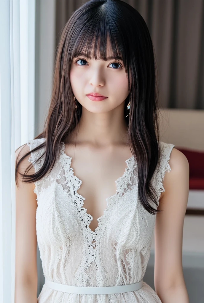 top-quality、Photorealsitic、8K、hight resolution、Straight Watching Viewers:1.8、(1 Viewers looking into the eyes of a girl:1.45、medium lenght hair、A dark-haired、Partdbang:1.45)、(bokeh dof)、(pussy:1.5), 17yo, 2girls, beautiful breasts,