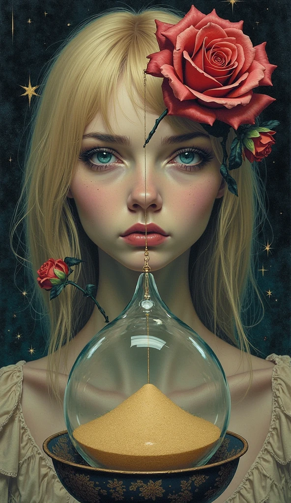 Surreal art, a blondie woman looking at the horizon with a sad expression, blue eyes,
a rose divided into two halves, Each half on an opposite side of an unbalanced scale, background with stars, Gothic style
"An hourglass with sand that drains quickly.
