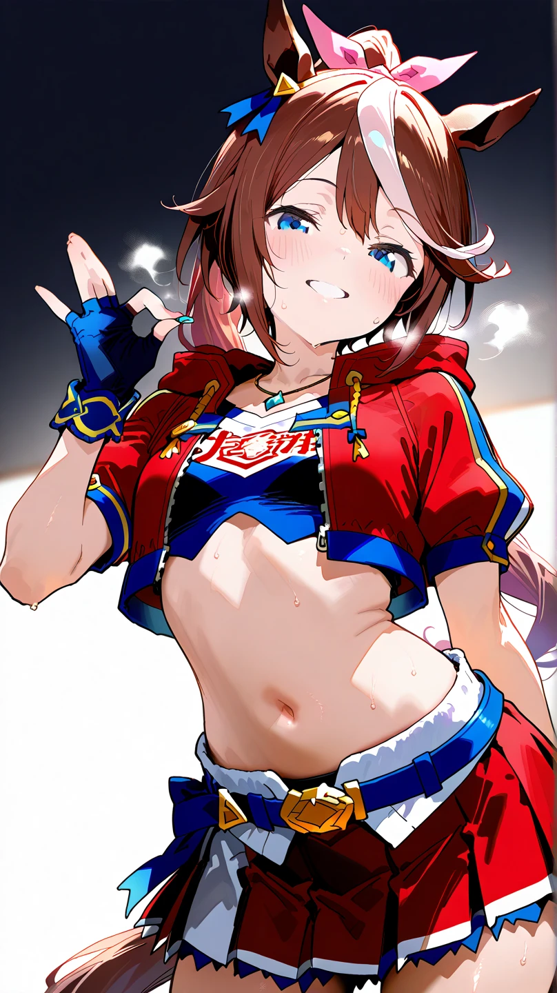 horny girl, slutty clothes, midriff, short tight leather skirt, sexually aggressive pose, shows underwear,