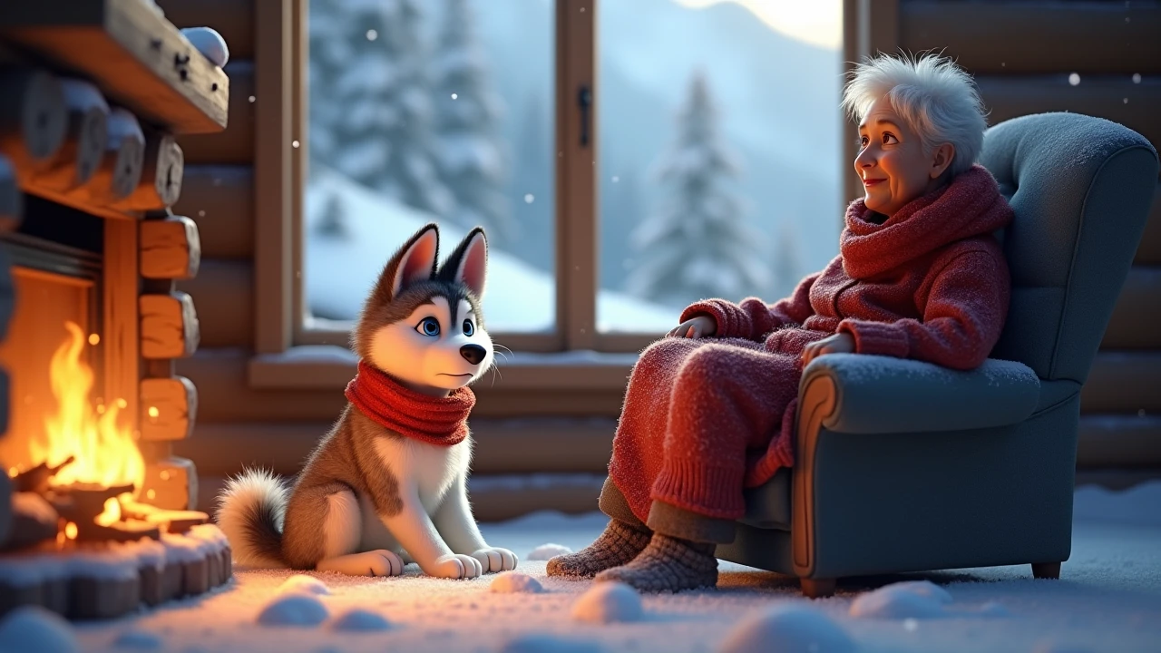 A cozy log cabin in a snowy valley, with a fluffy husky puppy lying beside an elderly woman near a fireplace, warm lighting inside, snow outside the window, A young fluffy husky puppy named Kiro, with thick, soft fur in shades of white and light grey, striking icy blue almond-shaped eyes, a small black nose, and pointy upright ears with darker grey tips. Kiro has a bushy tail curled upward, small but sturdy paws leaving clear prints in the snow, and a bright red wool scarf tied snugly around his neck, fluttering gently in the wind. His expression is intelligent, loyal, and brave, often tilting his head with curiosity or determination. Consistently depicted in a snowy mountain environment, highly detailed, cinematic lighting