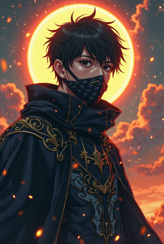 anime character man with black eyes ,with ploma, Cover it up to the nose, Epic costume, With eclipse background,  look 20 years old
