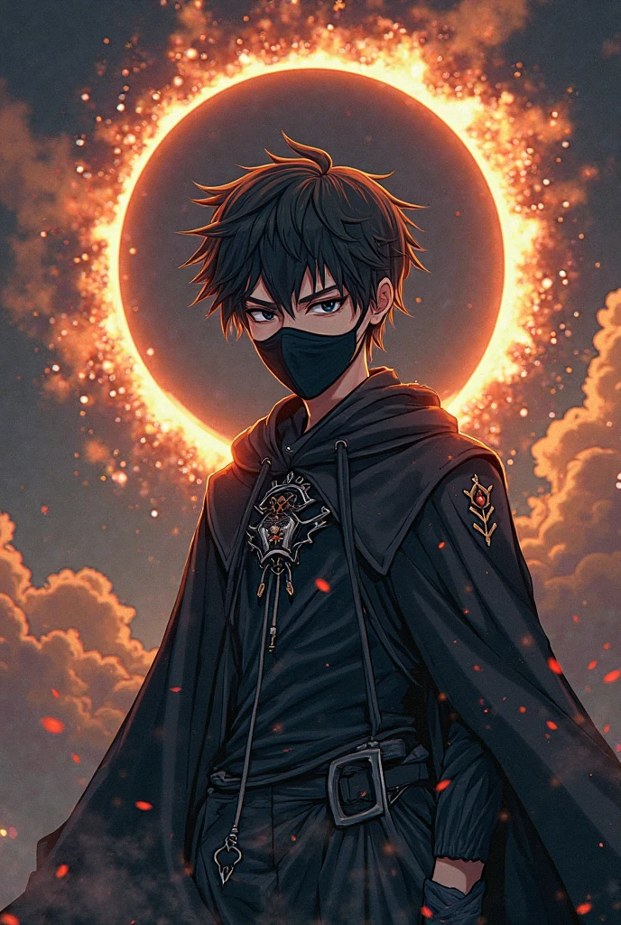 anime character man with black eyes ,with ploma, Cover it up to the nose, Epic costume, With eclipse background,  look 20 years old
