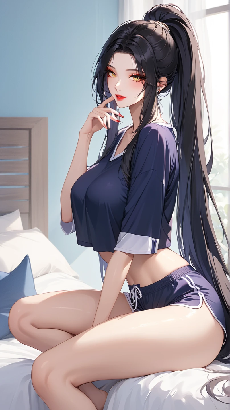 Blue V-neck sweater,White skin, beautiful face and long legs,Black hair loli bun,Sweet peach face makeup