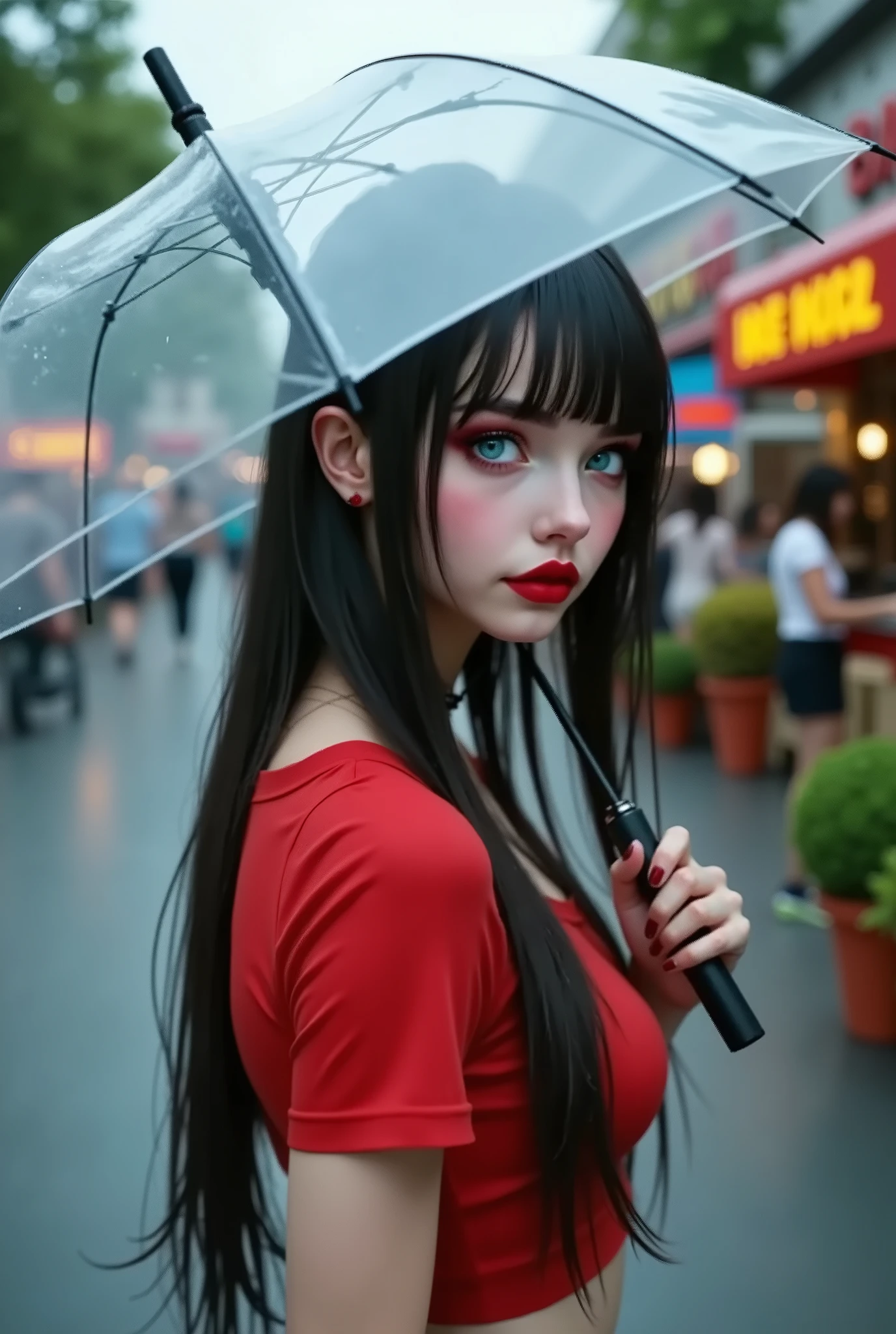 ((RAW Photo), Absurds, (Absurd Resolution)), (Masterpiece, Best Quality), ((Hyperrealism, Photorealistic)), (AI Fantasy), (masterpiece, highest quality, amazing quality), (realistic pupil, mahogany eyes), (beautiful Eastern European girl, 21 years old, haiz_ai, cknc style), (she is very beautiful), (made up, mascara, moistened red lips), (long straight hair, shiny black), ((wears: black flared culottes, tight red t-shirt), (green platform sneakers), ((holding a transparent umbrella with her left hand)), (walking, profile shot, looking at the viewer), (background: fast food stalls). (Photographic Perspective). «SunPuma S»