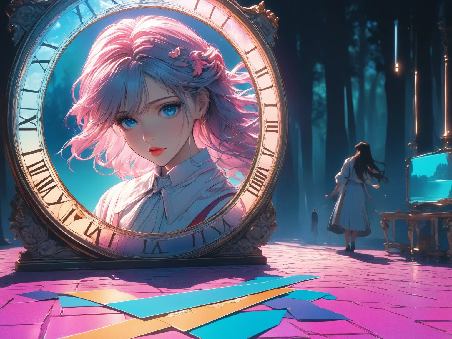 (Shoujo Kakumei Utena Style shadow picture:1.5),(sシルエット) ,(vaporwave:1.5),Cyber nostalgia explosion,Glitch Effects,pink gradation, (masterpiece, best quality:1.2, 8k,16k,high-resolution,(Mirror clock:1.3)（Dark Forest:1.3),Fantasy World、It suddenly happened one day, and the beginning was a letter, and the sender lived a long time ago, such a mysterious encounter

There are things like this in my time now, and we live like this, a romance that somehow blossomed while we were putting it into letters and communicating with each other

Words spelled from each of our worlds that we will never meet without even knowing how to solicit feelings

I'm always waiting impatiently for your words, I live in a different era, but I want to communicate with you over and over again if your wishes come true, I want to meet you because it's fine at first sight because I like you

What I suddenly remembered was the era you live in, what will happen tomorrow, if I have to tell you sad things, please wake up, miracle

Passing by and the changing seasons, letters that have been interrupted since then, only words that don't arrive anymore tighten my heart

I'm still walking in the future that you wanted to see 100 years far away, now I'm still walking, the letter that arrived to me with painful feelings in my heart looks familiar and the characters I've been waiting for

It's the last love letter you wrote to me beyond that day, I'll hold on to the proof that you lived in your time even after eight generations, and I'm going to tell you all that I see in my time someday