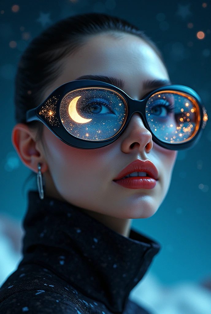 The model wears glass sunglasses with stars and the moon in the glass