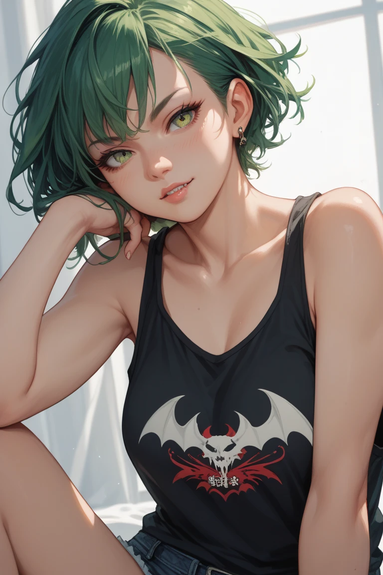 Half-Japanese female anime character, wearing a tank top and a bat. green hair