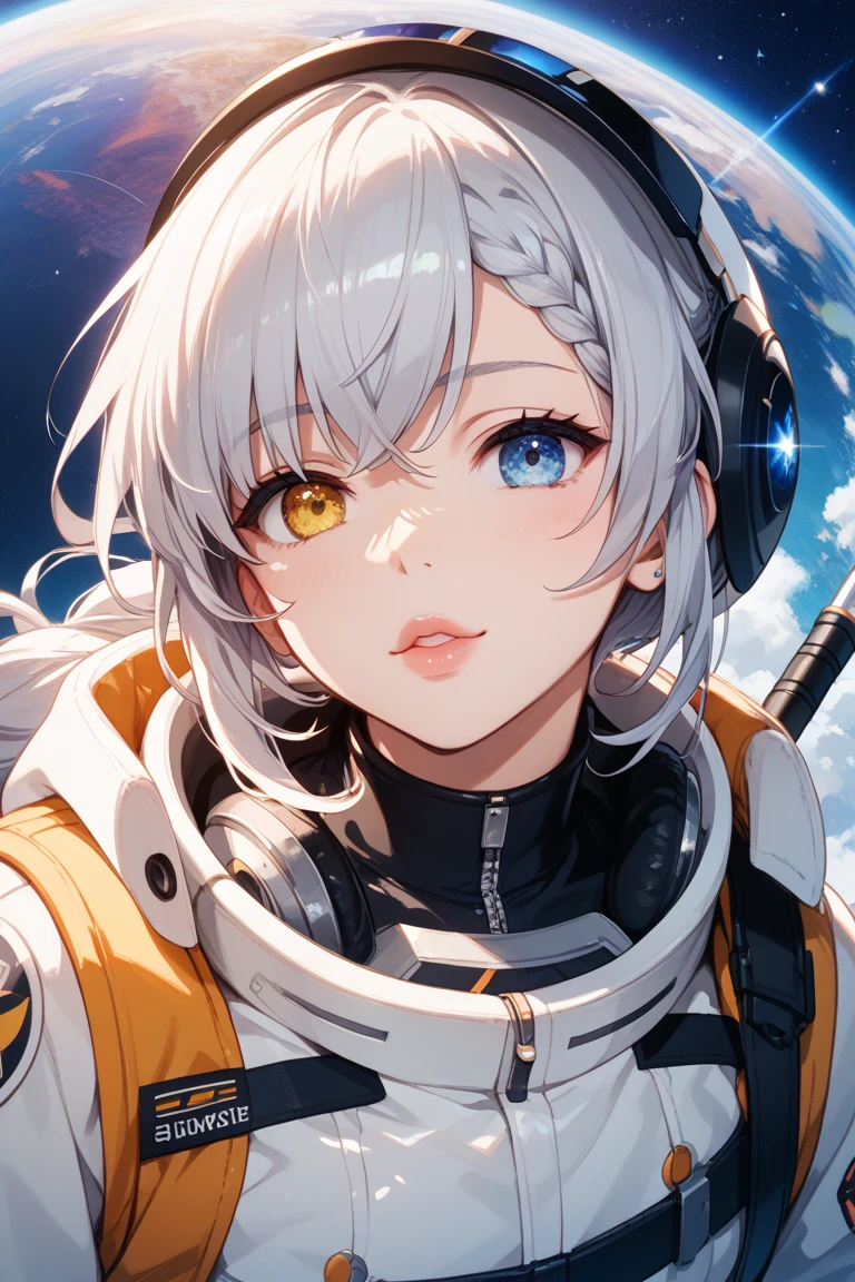 close up of a better masterpiece:1.5)0.pace and astronauts:1.2) (Disheveled silver hair:1.1) (Heterochromia and Yellow and Blue Eyes:1.2) (space helmet:1.0) (Colored stars in the eyes:1.0) (Shining Light:1.1) (thick lips with Nozomi:0.9)
