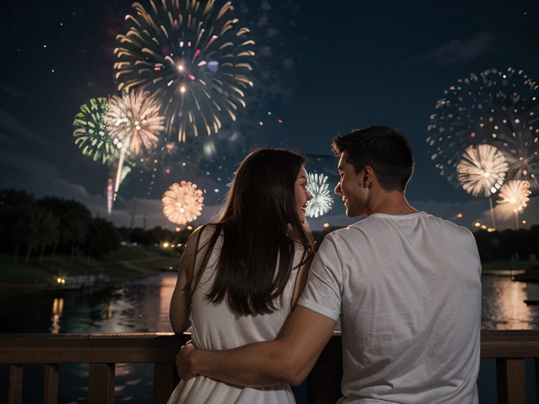 A young couple sits holding hands under the dazzling fireworks that bloom in the night sky. Seus rostos, illuminated by the colors of fireworks, are engraved with deep love and gratitude. As the last fireworks bloom in the sky and its light slowly fades, her husband's breathing stops silently. The woman holds his hand and smiles despite the tears. Essa cena faz parte de um belo final que evoca profunda nostalgia.