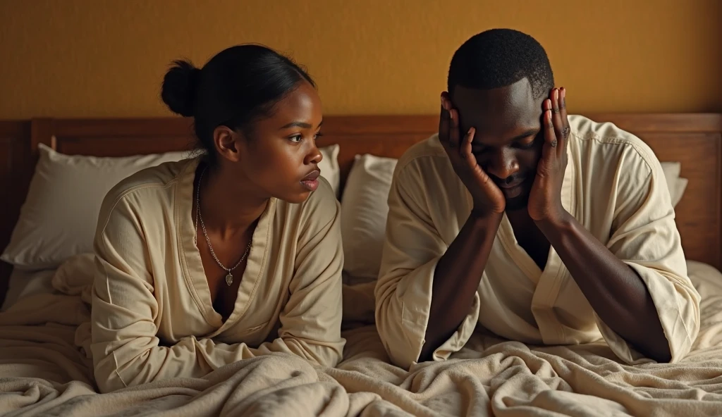 A young black man & woman a tender moment as he helps her with her jacket, their fingers brushing, both blushing at the brief contact.