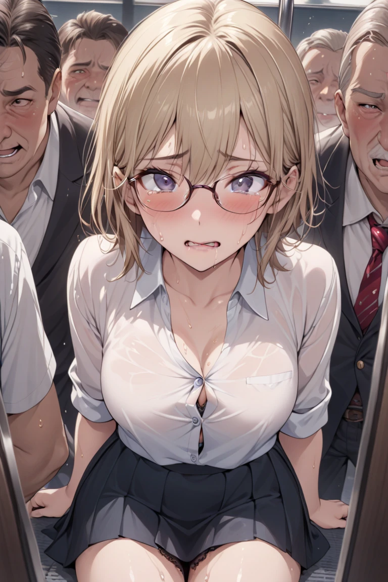 (((Tears of despair:1.9))),(((Forehead:1.6. Wearing glasses:1.9))).(((tall:1.9、adult:1.9))), (((Highest quality, Highest Resolution, masterpiece))), (((NSFW:1.3))), (((1 High school girl:1.3. Sweat:1.6 Tears:1.6 naked:1.3. Small breasts:1.3. Back Sex:1.9 Open your mouth wide and climax:1.6 Tears:1.6. Blushing:1.6 Semen Bukkake:1.3. Feels good and climaxes:1.3 Ahegao:1.3. Intense Sex:1.6. The penis is inserted into the vagina:1.6 Gang rape of a  1.6. ??????:1.6 Troubled Face:1.3. Blonde:1.3. Short Hair:1.3. Doggystyle:1.3　naked:1.3. Sweatだく:1.3 orgasm:1.6. Blowjob:1.6. The Perfect Body:1.9,  uniform:1.３ crowded train:1.6 Semen Creampie:1.6 Pussy:1.3. Blushing:1.6. Cute:1.3. High School Uniforms:1.6)))