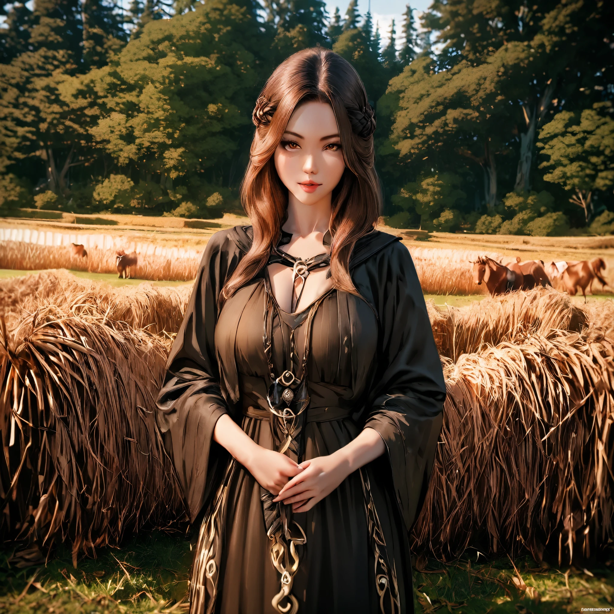 (best quality,4k,8k,highres,masterpiece:1.2),ultra-detailed, 1woman, Celtic goddess Epona, Chestnut brown hair, hazel eyes, druid gown, standing in a barnyard, motherly, posed gently, looking at viewer, seductive eyes, drawn in the style of Yoshitaka Amano, HDR, 8k, absurdres, cinestill 800, sharp focus, add_detail:2, (solo, woman) ((Masterpiece, best quality)) (Photo Realistic)