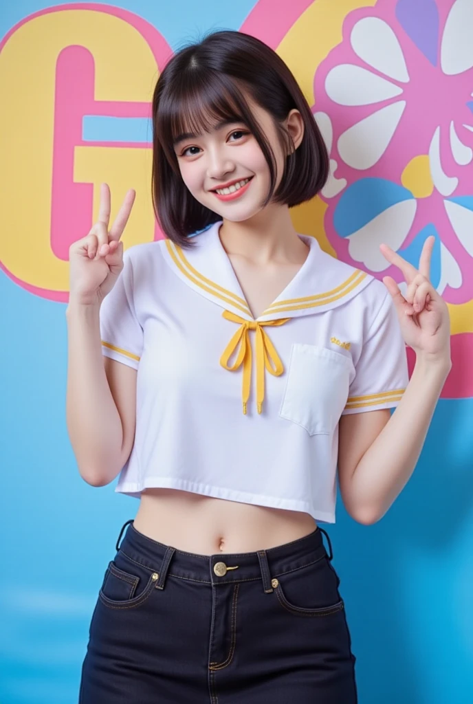 a closeup, masterpiece, top-quality, FULL ANATOMY、Raw foto, Photorealsitic、(Cute little face:1.3)、(Very cute smile:1.7)、(with round face:1.8)、(She has a cute face like an idol、double tooth:1.3), A dark-haired、(Tokusatsu Pink、Pink Ranger:1.6), depth of fields, hight resolution, ultra-detailliert, finely detail, ighly detailed, extremely detailed eye and face, Realistic pupils, foco nítido, Cinematic lighting、19-year-old woman、(One lady、独奏)、sexy pose、 poneyTail、Curly hair、Patsun bangs、Very detailed 8k wallpaper、Plaid pleated skirt、Show me your whole body、(Plump panties:1.3)、Cute panties in light colors、White Sox、(Panties are visible from the skirt、Lift the hem of the skirt with both hands、Showing her panties to the camera)、is standing、Angle from below、(Thigh close-up)、(Nice figure、big breasts thin waist、Kubire、Clothes with emphasized chest bulge)、depth of fields、Bokeh in the background