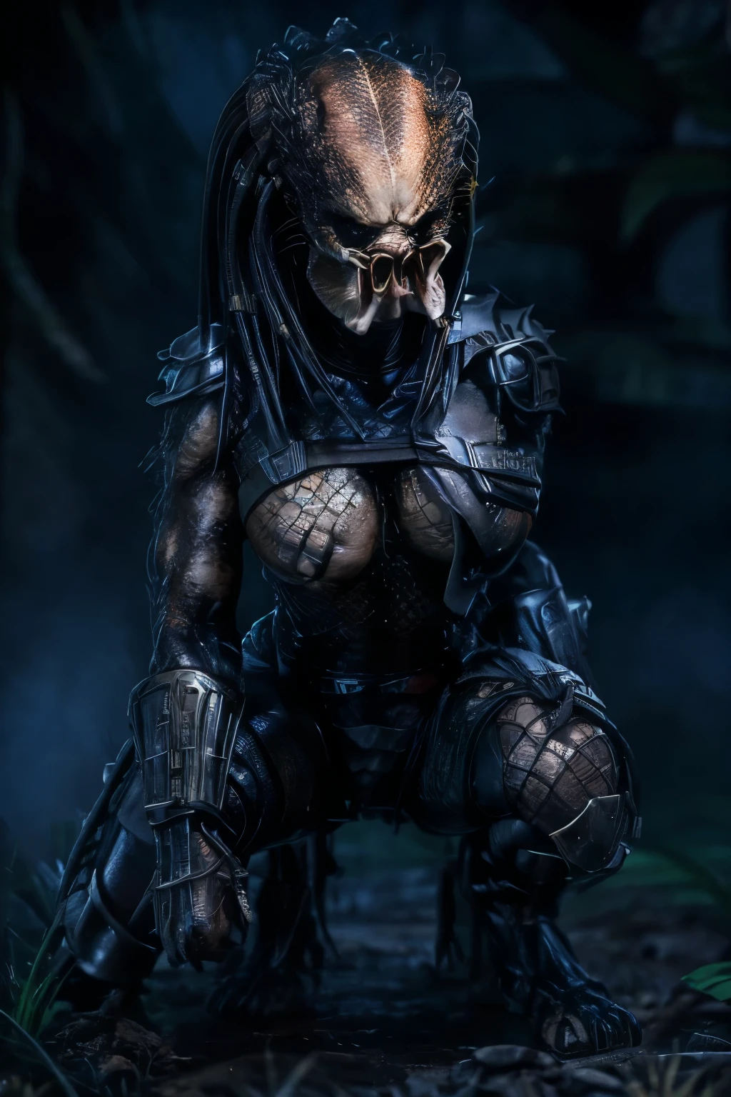 Female Yautja (the alien from the movie PREDATOR)))) (((beautiful Yautja face ))) here seductively showing her beautiful breasts for the camera)))) (((Huge DDDD PERKY tits:1.5))-(tiny sharp teeth)extremely detailed, extremely detailed face and eyes, detailed skin texture, (best quality,4k,8k,highres,masterpiece:1.2),ultra-detailed,(realistic,photorealistic,photo-realistic:1.37),HDR,UHD,studio lighting,ultra-fine painting,sharp focus,physically-based rendering,extreme detail description,professional,vivid colors,bokeh,fantasy,concept art,dynamic pose,muscular arms,strong legs,perfect shapely ass,high fantasy armor,large breasts,slender curvy body,thin waist,extremely detailed facial features,piercing eyes