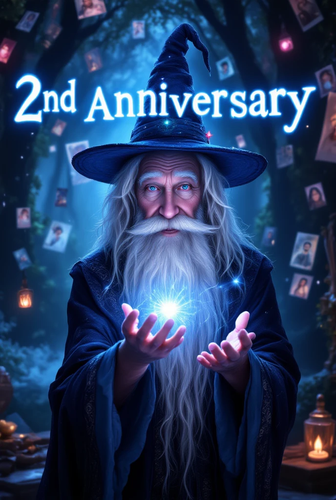 (Highest quality, masterpiece, extremely detailed, high resolution), seaart.AI logo, an old man with a long white beard holding a magic wand, wizard's hat, casting a spell, luminous text appearing, lots of photos and illustrations in the background,((seaart.AI )), (( 2nd )),((Anniversary in large letters in the background)), celebration, very happy, joyous occasion.
