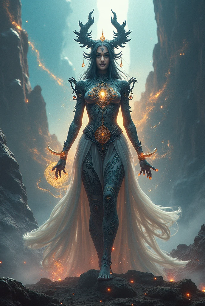 (Highest quality, Ultra HD, 16k, Masterpiece) A colossal statue of an Indian god stands majestically in the heart of a highly futuristic city, surrounded by towering high-rise buildings, flying cars, and vibrant bioluminescent lights. The statue, intricately designed with a blend of ancient and modern elements, depicts the deity in a serene and powerful pose. Neon lights and holographic projections add a surreal glow to the statue, highlighting its divine presence amidst the ultramodern environment.

The cityscape is a dazzling mix of sleek skyscrapers, each adorned with luminous advertisements and digital displays. Flying cars zip through the air, leaving trails of light behind them, creating a dynamic and bustling atmosphere. The streets below are lined with lush, exotic flowers, whose petals emit a soft, bioluminescent glow, adding a touch of nature's beauty to the urban setting.

The statue is surrounded by a lush garden oasis, a striking contrast to the metallic and glass structures that dominate the skyline. This green sanctuary is filled with diverse plant life, including bioluminescent flora that illuminates the night with a gentle, otherworldly light. The air is filled with a mix of futuristic sounds and the soft rustle of leaves, creating a harmonious blend of nature and technology.

Soft beams of light from the setting sun and the city's neon glow create a stunning interplay of colors and shadows, casting an ethereal ambiance over the scene. The overall composition captures the awe-inspiring fusion of ancient spirituality and cutting-edge innovation, evoking a sense of wonder and reverence for both the divine and the futuristic marvels of human achievement. This image portrays a breathtaking vision of a harmonious coexistence between tradition and progress in a vibrant, futuristic metropolis. ((((long shot))), (((drone shot))), (((zoomed out shot))), ((((huge statue)))), (((colossal statue))), (((bright light))), (((neon lights))), (((bioluminiscent light