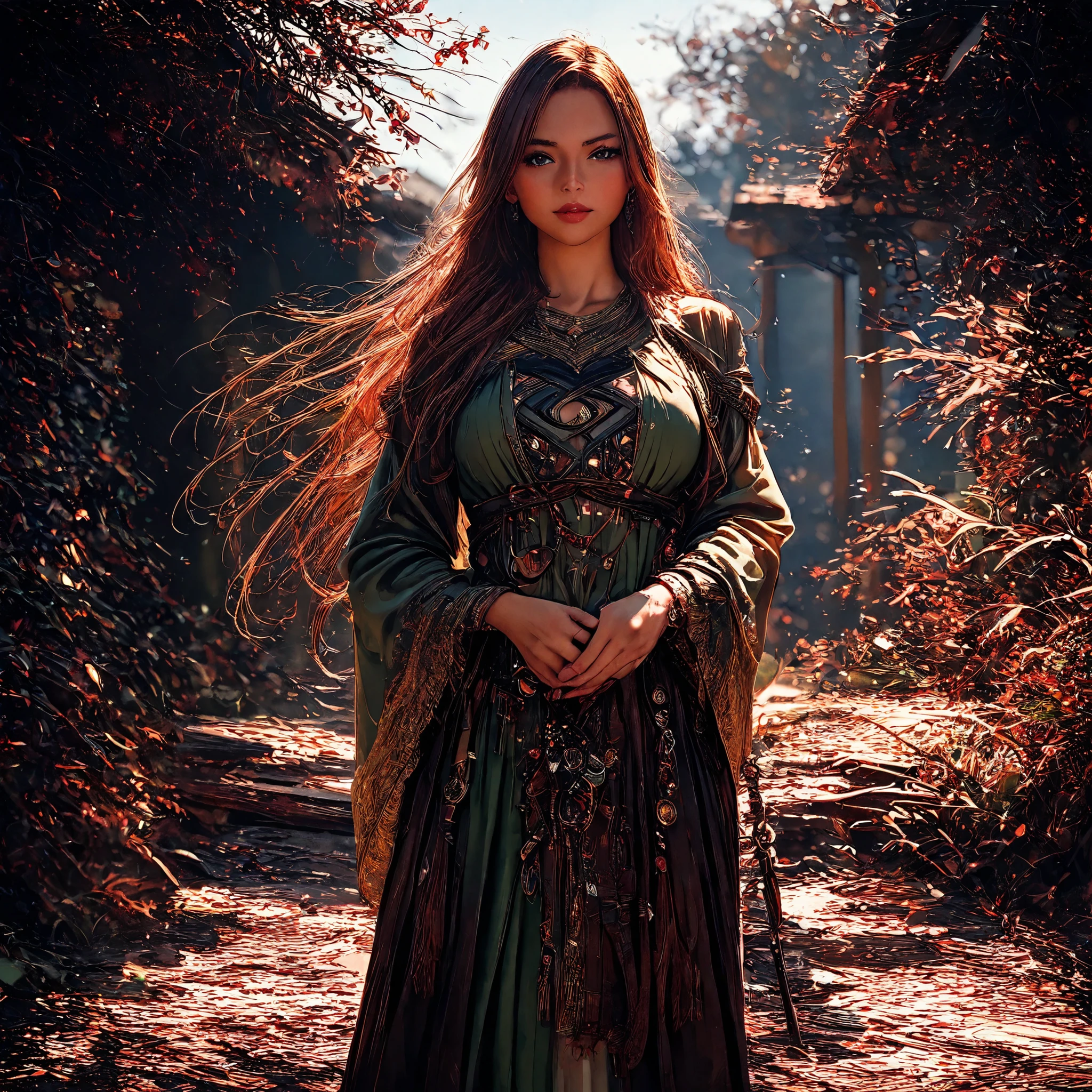 (best quality,4k,8k,highres,masterpiece:1.2),ultra-detailed, 1woman, Celtic goddess Epona, Chestnut brown hair, hazel eyes, druid gown, standing in a barnyard, motherly, posed gently, looking at viewer, seductive eyes, drawn in the style of Yoshitaka Amano, HDR, 8k, absurdres, cinestill 800, sharp focus (solo, woman) ((Masterpiece, best quality)) (Photo Realistic)