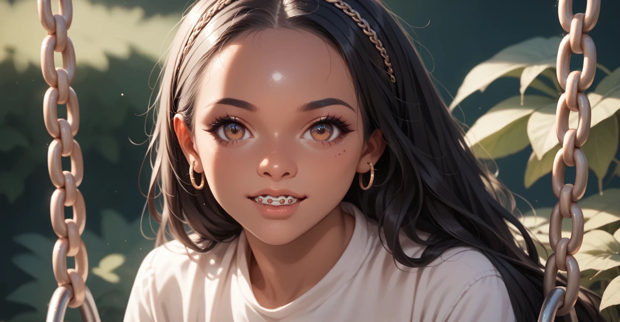 a girl sitting on a swing outdoors, 2.5d, straight black hair, very long hair, round chin, snub nose, brown eyes, BROWN LIPS, sorriso, boca aberta, dental braces, perfect teeth, sardas, shiny skin