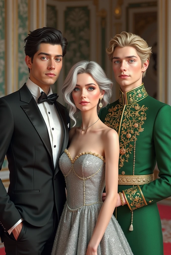A young handsome man with grey eyes and black hair wearing a black suit with a young woman with blue eyes and silver hair wearing a silver dress and a young blond man with green eyes wearing a green king outfit 