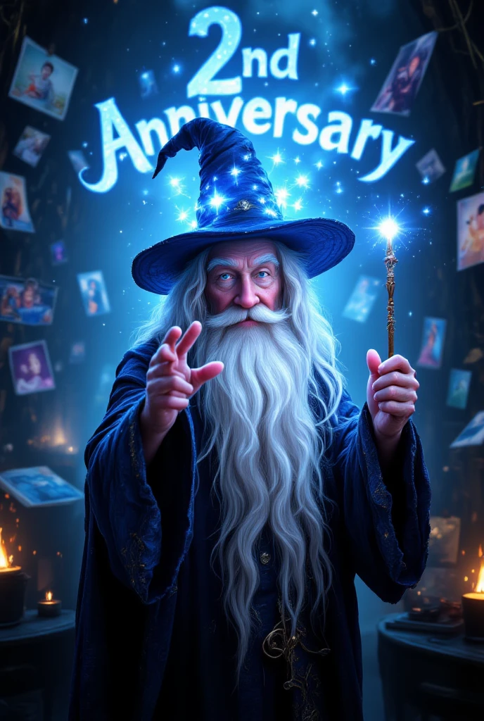 (Highest quality, masterpiece, extremely detailed, high resolution), seaart.AI logo, an old man with a long white beard holding a magic wand, wizard's hat, casting a spell, luminous text appearing, lots of photos and illustrations in the background,((seaart.AI )), (( 2nd )),((Anniversary in large letters in the background)), celebration, very happy, joyous occasion.

