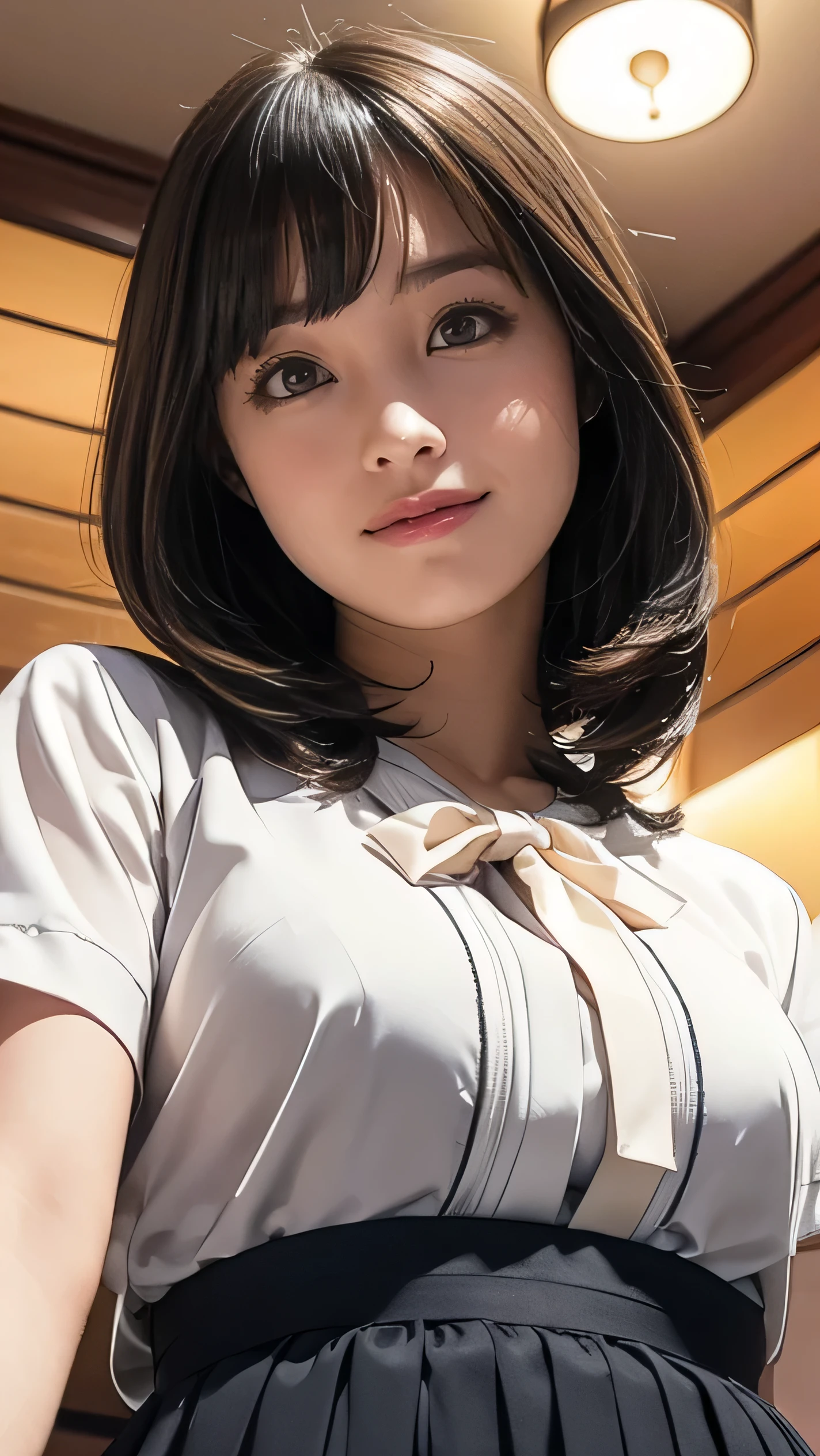 raw photo, 1girl, cute face, beautiful face, medium breast, collared blouse, White blouse, light smile, detailed skin, simple background, Above the knee, sit on a chair, photorealistic, masterpiece, best quality, anatomically correct