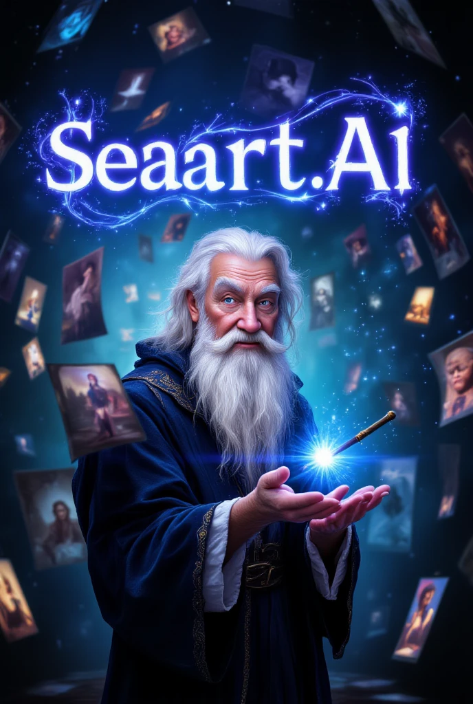 (Highest quality, masterpiece, extremely detailed, high resolution), seaart.AI logo, an old man with a long white beard holding a magic wand, wizard's hat, casting a spell, luminous text appearing, lots of photos and illustrations in the background,((seaart.AI )), (( 2nd )),((Anniversary in large letters in the background)), celebration, very happy, joyous occasion.
