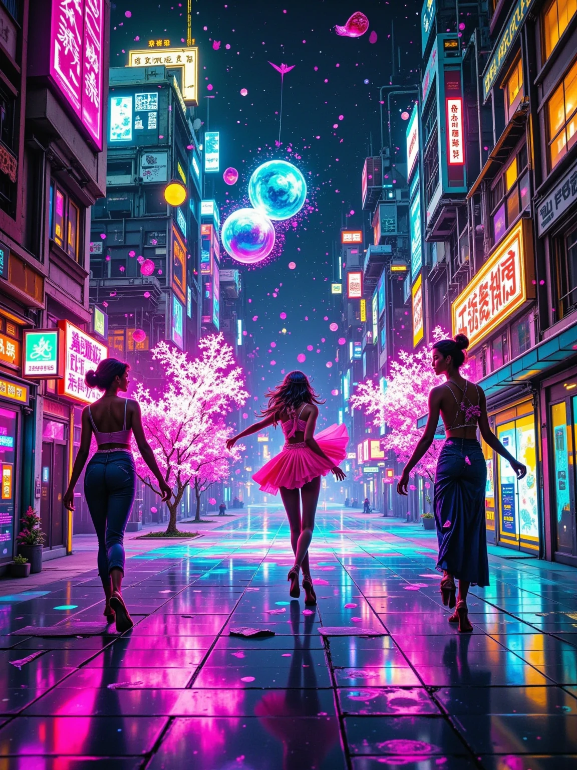 A retro futuristic city suspended in a digital void：The glass floor tiles of Neon Street reflect the broken disco ball light and shadow，The TV tower with an inclined video tube TV tower showing animation treated with a V HS filter。Where the phosphorescent coating peels off the surface of the building，exposes the copper-rust mechanical core where the gears mesh，sprays pink purple holographic Mars。} The Fresnel lens floating in the air refracts pink gradient light into an infinite fractal pattern，Jazz dancer's holographic projection dances with faulty RGB channels in pixelated deconstruction。uses NTSC hue shift and tape head wear effects，can be seen at 4K resolution, the scan line of each pixel flickers。