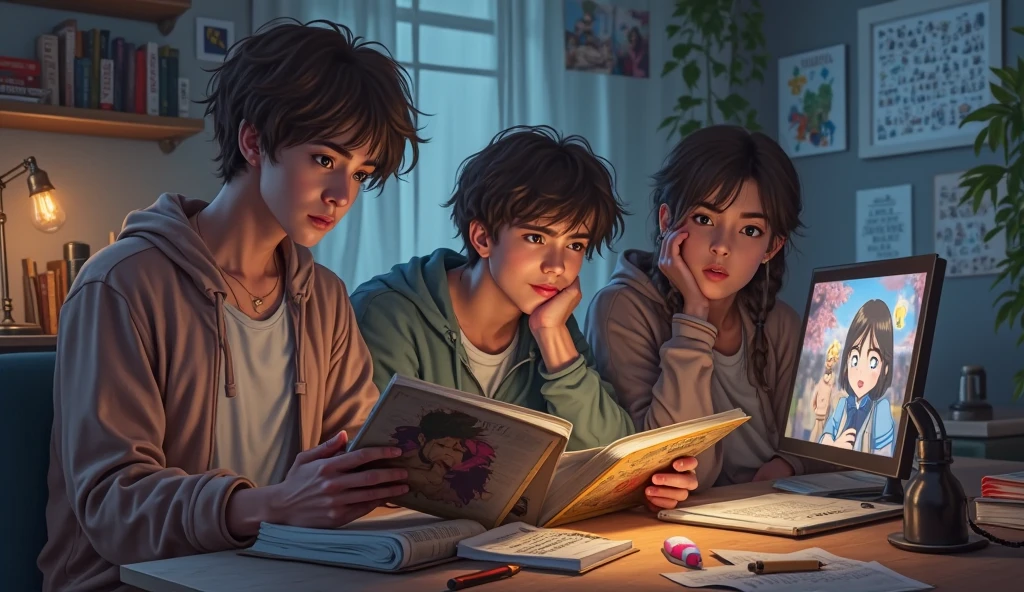 Realistic human figures engaged in various activities related to movies, TV series, anime, and comics. One person is reading a comic book, another is watching an anime on their laptop, while a third is analyzing a movie scene with a thoughtful expression. The atmosphere is a blend of creativity and education, with subtle elements representing human development—like books, lightbulbs, and abstract symbols of growth and learning scattered throughout the room. The setting is cozy yet inspiring, symbolizing how entertainment can intertwine with education and personal development. The individuals show diverse backgrounds, with expressions of focus and inspiration.