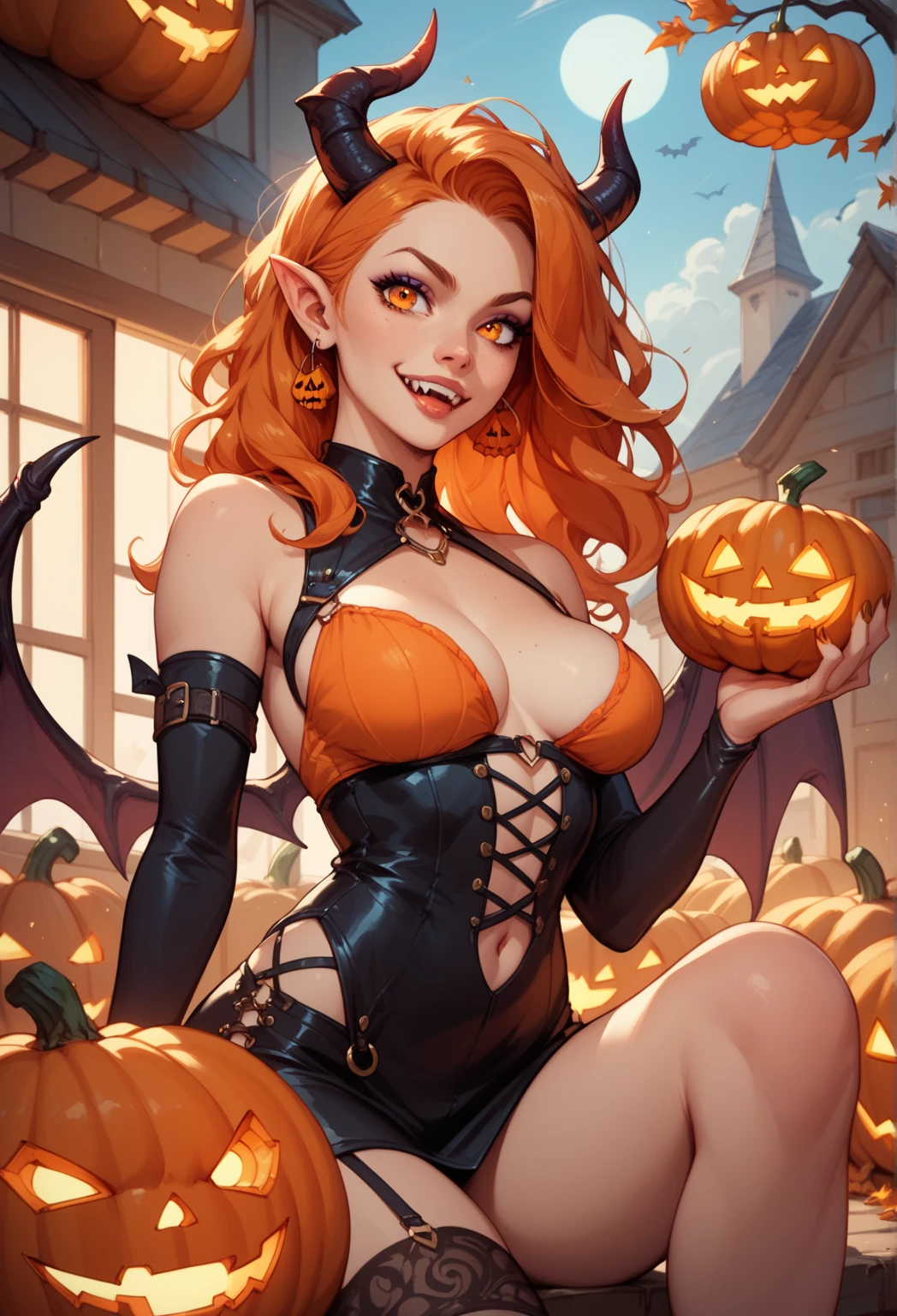 beautiful sensual nude and erotic woman with massive breasts. The breasts are not covered by anything. Red full lips. full body view. 1girl, close up, moonlight, witch costume, gold neck jewelry, body tattoos, short hair, gown dress, pumpkin village, ceremonial cape, gothic corset, halloween forest, gold, amulets, glowing cauldron, gothic piercings and tattoos, white tribal top, green eyes, orange hair, shy smile, freckles, redhead, beautiful girl, large breasts, thigh high boots, ultra detailed, realistic, fantasy art, garter belt, holding a wand, black cat,
