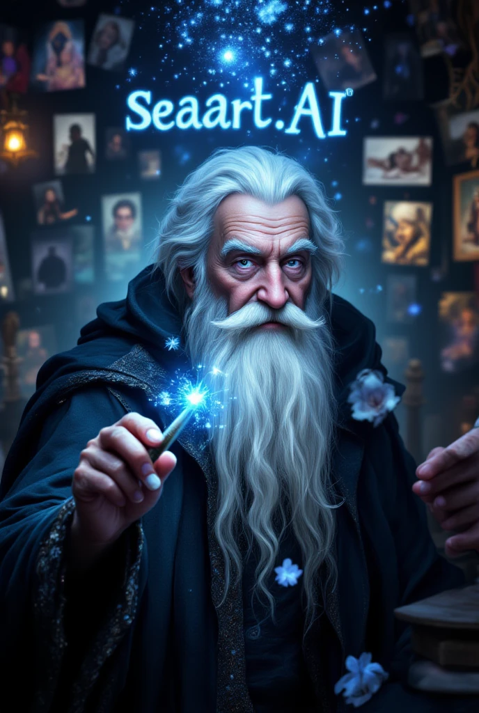 (Highest quality, masterpiece, extremely detailed, high resolution), seaart.AI logo, an old man with a long white beard holding a magic wand, wizard's hat, casting a spell, luminous text appearing, lots of photos and illustrations in the background,((seaart.AI )), (( 2nd )),((Anniversary in large letters in the background)), celebration, very happy, joyous occasion.
