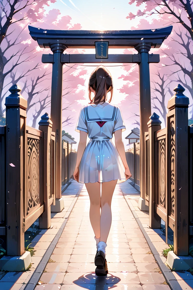 masterpiece, best quality, ultra-detailed, high resolution

(two anime schoolgirls), smiling, walking together, entering school gate,
same school uniform: white sleeveless sailor mini one-piece dress, red necktie, see-through underwear, short socks, brown loafers  
both with brown hair: one in ponytail, one in short straight hair,  
soft morning light, cherry blossoms in the air, other students in background, cheerful atmosphere,(from behind), from behind,

