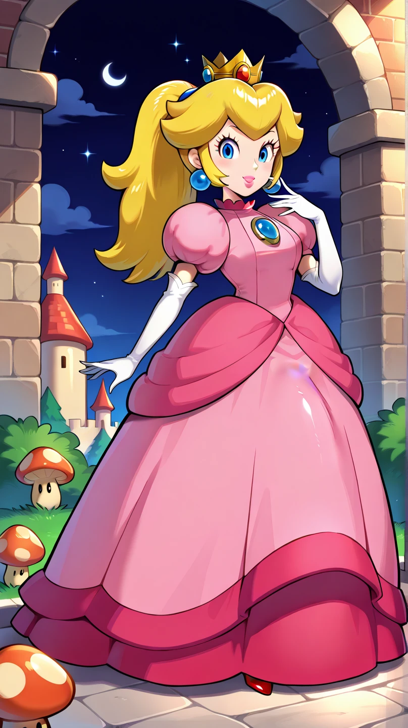 ((2D Anime Style)), female, mobian, hedgehog, princess peach outfit, (princess peach cosplay), pink dress, v arms, white gloves, blonde fur, long hair, 1girl, solo, blue eyes, elbow gloves, gloves, blush, puffy short sleeves, dress, short sleeves, puffy sleeves, blonde hair, large breasts, crossed arms holding up chest, (((2D Anime Style))), (solo), (1girl), high quality digital art, pink and black neon lines sketch art, (((long and wavy hair))), (large and long hair bangs), wispy lines