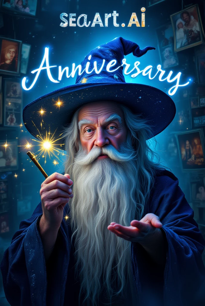 (Highest quality, masterpiece, extremely detailed, high resolution), seaart.AI logo, an old man with a long white beard holding a magic wand, wizard's hat, casting a spell, luminous text appearing, lots of photos and illustrations in the background,((seaart.AI )), (( 2nd )),((Anniversary in large letters in the background)), celebration, very happy, joyous occasion.

