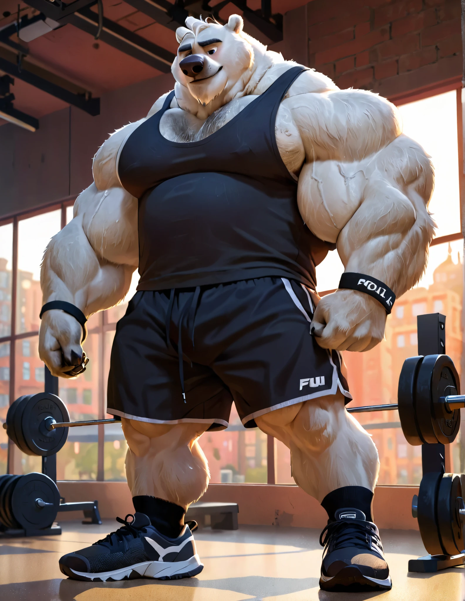 huge muscular polar bear in muscle fitness center, big bulk workout, grunting noise, polar bear, huge thick white fur, thick arm, huge arm, thick neck, added gray mustach and beard, Short white hair, height: 7’8, weight: 350lbs, (veiny muscular, veiny pectoral, wide pectoral, thick arms), brick building gym, weight equipments, sunset window, Zootopia, Disney, 8k, masterpiece, gray eyebrows added, added eyes with blue pupils, (wearing black gym shorts, black wristbands, black gym tank top, black socks and black gym shoes),