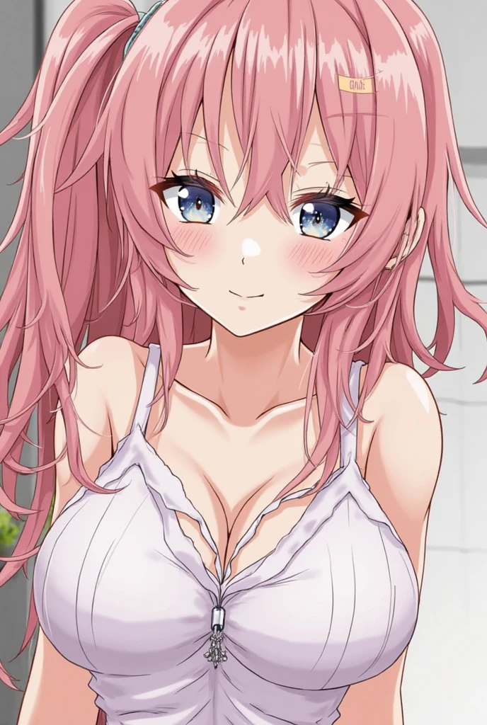 The most beautiful in the world,Pink Hair,Pink Eyes,((A shy smile)),Best Style,,Big Breasts,delicate,(Yellow bra),(Yellow panties),Model pose,,Japanese-style room,Detailed lace underwear,copic coloring