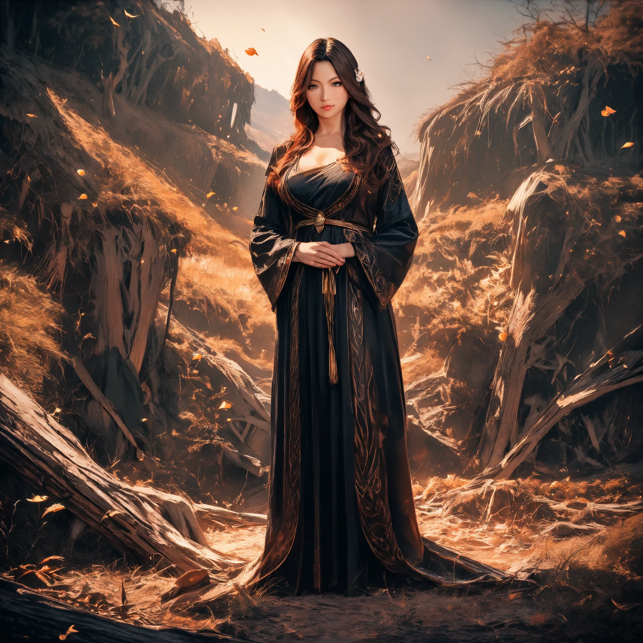 (best quality,4k,8k,highres,masterpiece:1.2),ultra-detailed, 1woman, Celtic goddess Epona, Chestnut brown hair, hazel eyes, druid gown, standing in a barnyard, motherly, posed gently, looking at viewer, seductive eyes, drawn in the style of Yoshitaka Amano, HDR, cinestill 800, sharp focus (solo, woman) (Photo Realistic)