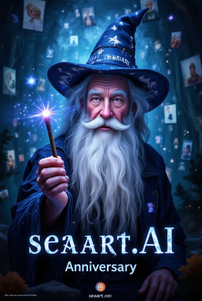 (Highest quality, masterpiece, extremely detailed, high resolution), seaart.AI logo, an old man with a long white beard holding a magic wand, wizard's hat, casting a spell, luminous text appearing, lots of photos and illustrations in the background,((seaart.AI )), (( 2nd )),((Anniversary in large letters in the background)), celebration, very happy, joyous occasion.

