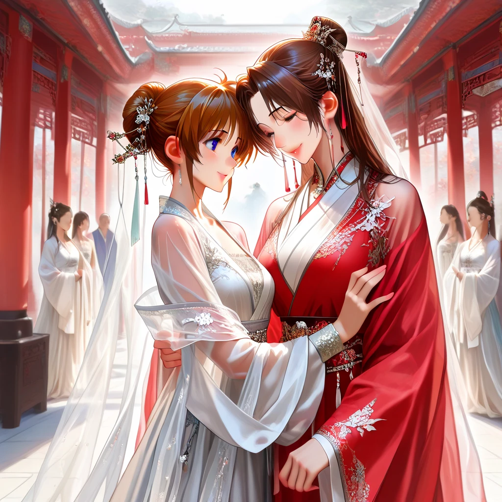 ((Highest quality)), ((masterpiece)), (detailed), (Perfect Face)、The woman is Maya Cordelia, an Empress of ancient China, with orange, semi-long hair. She is wearing a luxurious Hanfu costume fit for an ancient Chinese Empress, her hair styled in an ancient Chinese fashion and adorned with elaborate hair ornaments.、In the ancient Chinese palace, a woman is embracing and kissing the ancient Chinese emperor、The man is a dignified, bearded old man, an ancient Chinese emperor