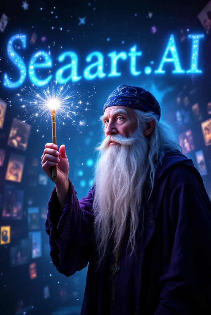 (Highest quality, masterpiece, extremely detailed, high resolution), seaart.AI logo, an old man with a long white beard holding a magic wand, wizard's hat, casting a spell, luminous text appearing, lots of photos and illustrations in the background,((seaart.AI )), (( 2nd )),((Anniversary in large letters in the background)), celebration, very happy, joyous occasion.
