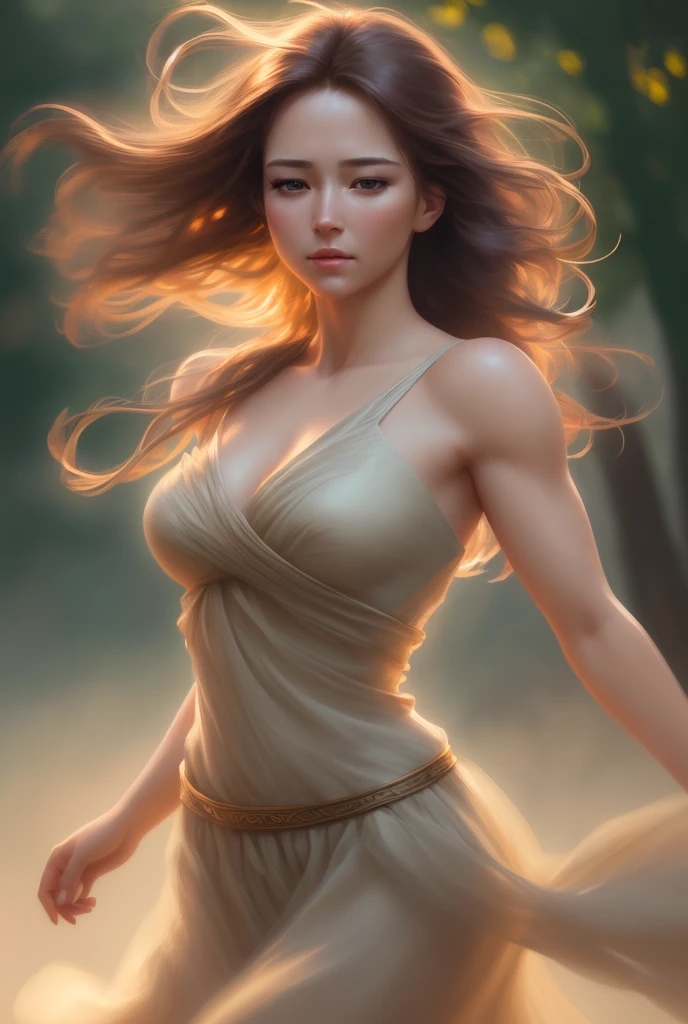 a beautiful woman, natural blink, breeze blowing through hair, smooth movements, ambient lighting, realistic, 8K, high-quality, photorealistic, physically-based rendering, professional, vivid colors, dramatic lighting, serene, natural, fantasy, portrait, oil painting