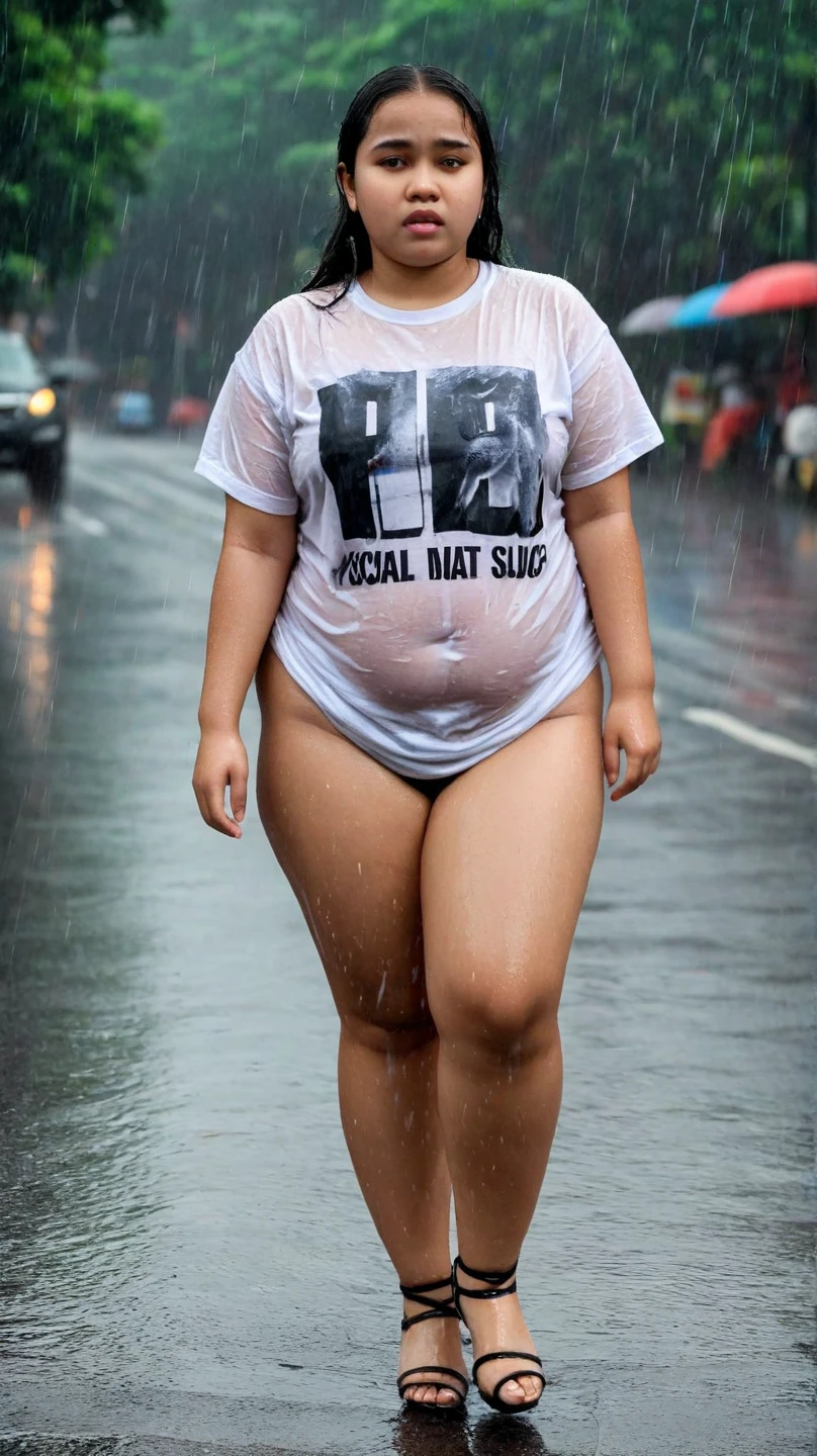 ((Overweight)) ((chubby)) Kelly Clarkson, long brown hair, wearing jeans, t-shirt and runners, subject is standing outside in the rain, looking seductive, teasing, playful, sexy pose ((wet clothes:1.1)) (((full body shot))) (((view front on))) (masterpiece) ((cinematic look)) —v 4