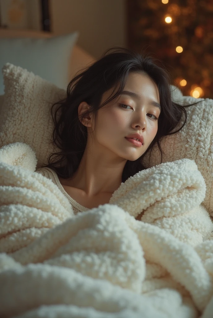 wearing headphones、read、There is a wonderful night view outside the window、wearing a long sleeve knit sweater、warm lighting、casual、sophisticated atmosphere、Her hair is shoulder-length、Has natural waves、calm expression、You can see the cityscape outside the window。The interior of the room is modern and luxurious..、A stylish lamp is placed next to the bed..。A warm-colored image、Please try to create a relaxed atmosphere.。Portrait of a woman lying on the bed wearing a light blue bra, japanese model, big breasts, young sensual gravure idol, Young and cute gravure idol, realistic young gravure idol, Real sensual gravure idol, young gravure idol, sophisticated gravure idol, Young slender gravure idol, beautiful asian girl, Close your eyes