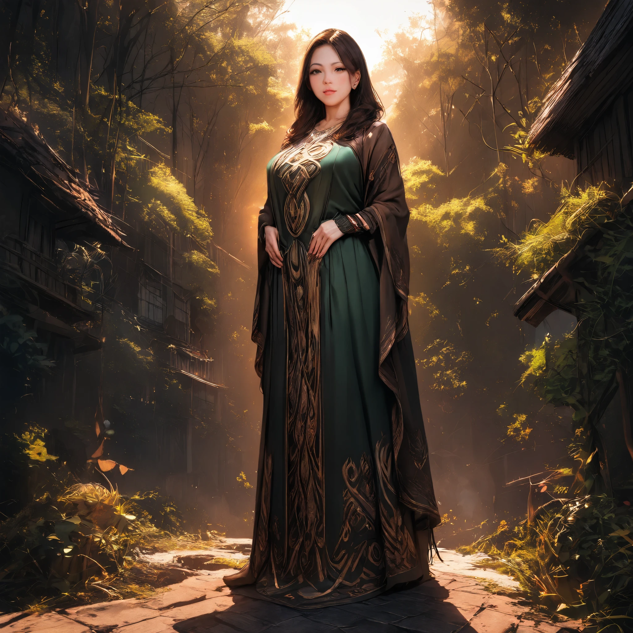 (best quality,4k,8k,highres,masterpiece:1.2),ultra-detailed, 1woman, Celtic goddess Epona, Chestnut brown hair, hazel eyes, druid gown, standing in a barnyard, motherly, posed gently, looking at viewer, seductive eyes, drawn in the style of Yoshitaka Amano, HDR, cinestill 800, sharp focus (solo, woman) (Photo Realistic)