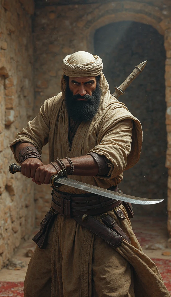 armed muslim turkish male warrior attacking enemy with bow.