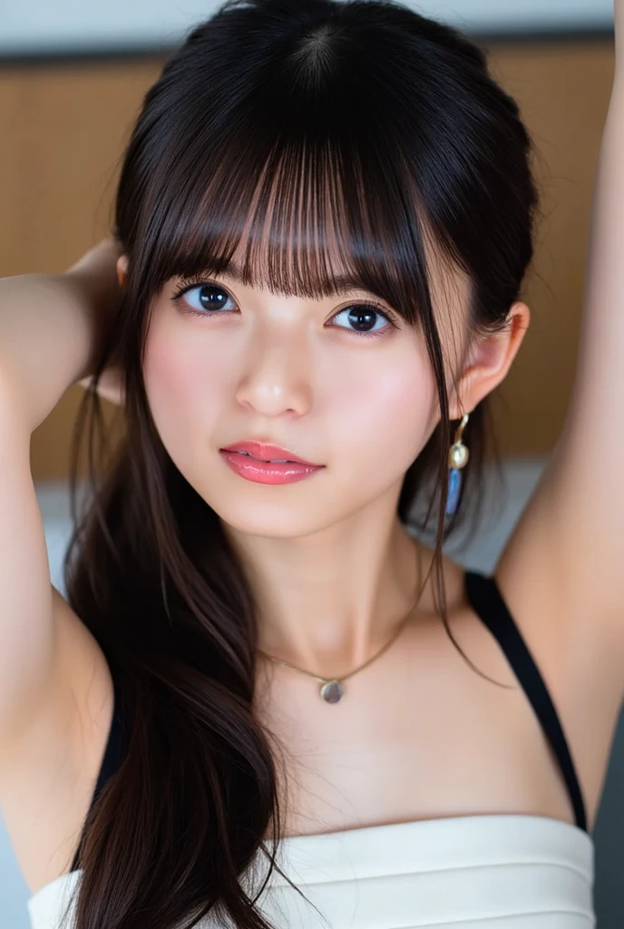 (((((upper body shot))))),(((nude))),(((nipples))),(((sagging breasts))),Ultra-high resolution,big eyes,Japanese,(forehead),(a girl),(1 girl),(17 years old),((cute)),pretty,earring,((arms behind back)),(looking at viewer),((facing at viewer)),necklace,((long hair)),(gold hair accessories),((((black body lace)))),smile