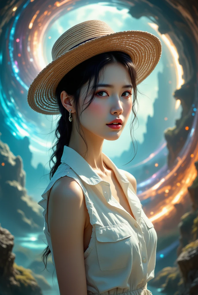 Artify´s Fantastic Flux Landscape Lora、dystopian style、beautiful girl watching viewers、beautiful korean woman、 wearing a straw hat、white sleeveless shirt、 the first button、sweaty skin、Ultra Fine、top quality、realistic photo quality、16k、Full Body Esthian